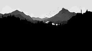 Silhouette of a mountain range with a pagoda on the peak and birds flying in the sky HD wallpaper