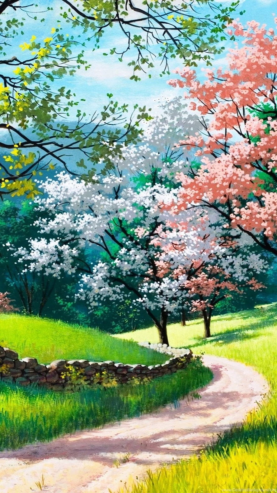 Painted Spring Landscape with Cherry Blossoms and Winding Country Path HD phone wallpaper