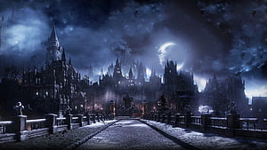 Anor Londo Cathedral Cityscape in Dark Souls III Under a Moonlit Stormy Sky HD wallpaper