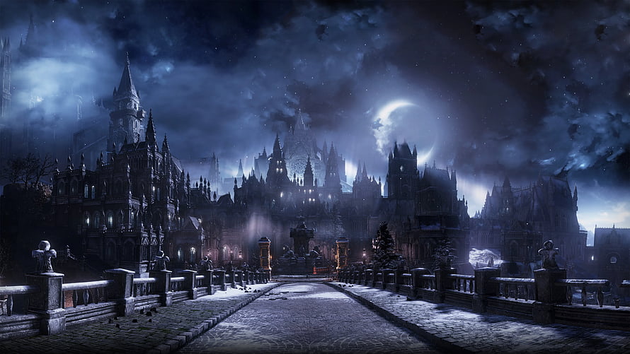 Anor Londo Cathedral Cityscape in Dark Souls III Under a Moonlit Stormy Sky HD wallpaper