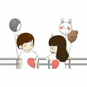 Cute cartoon couple holding animal balloons with heart shirts HD phone wallpaper