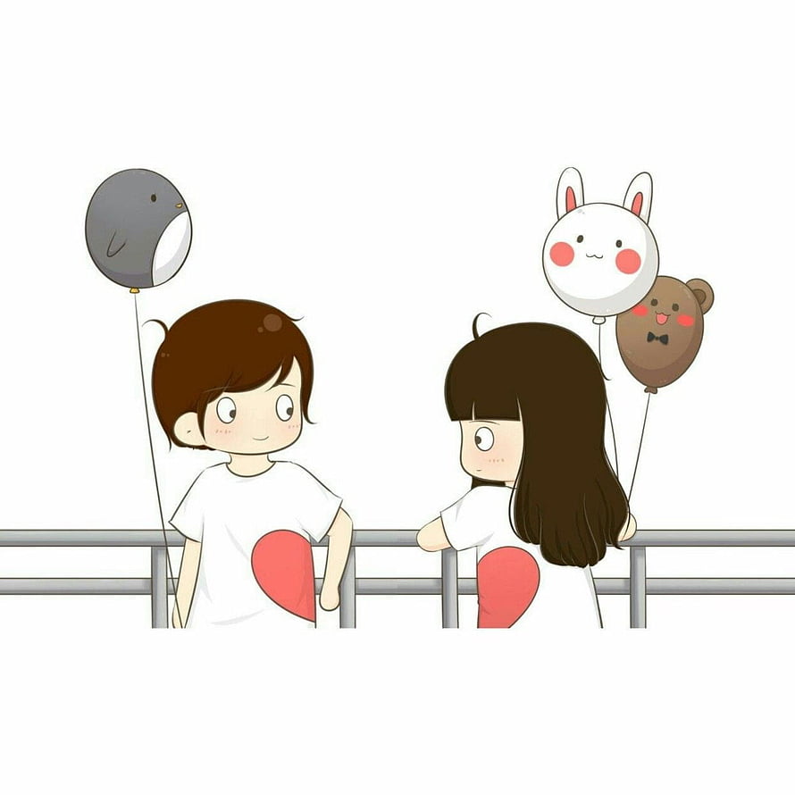 Cute cartoon couple holding animal balloons with heart shirts HD phone wallpaper