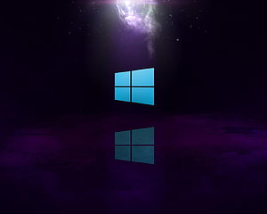Windows 10 Logo Floating in Dark Purple Atmosphere with Light Beam and Reflection HD wallpaper