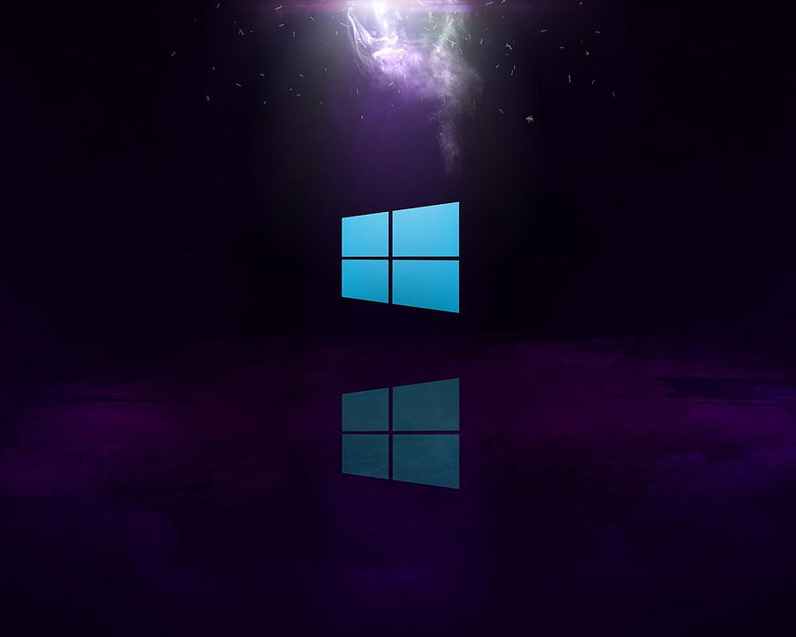 Windows 10 Logo Floating in Dark Purple Atmosphere with Light Beam and Reflection HD wallpaper