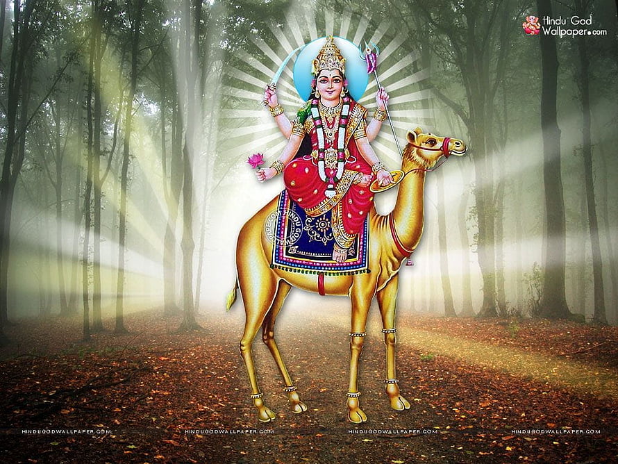 Dasha Mata Divine Deity Riding Golden Camel in Misty Forest with Radiant Halo HD wallpaper