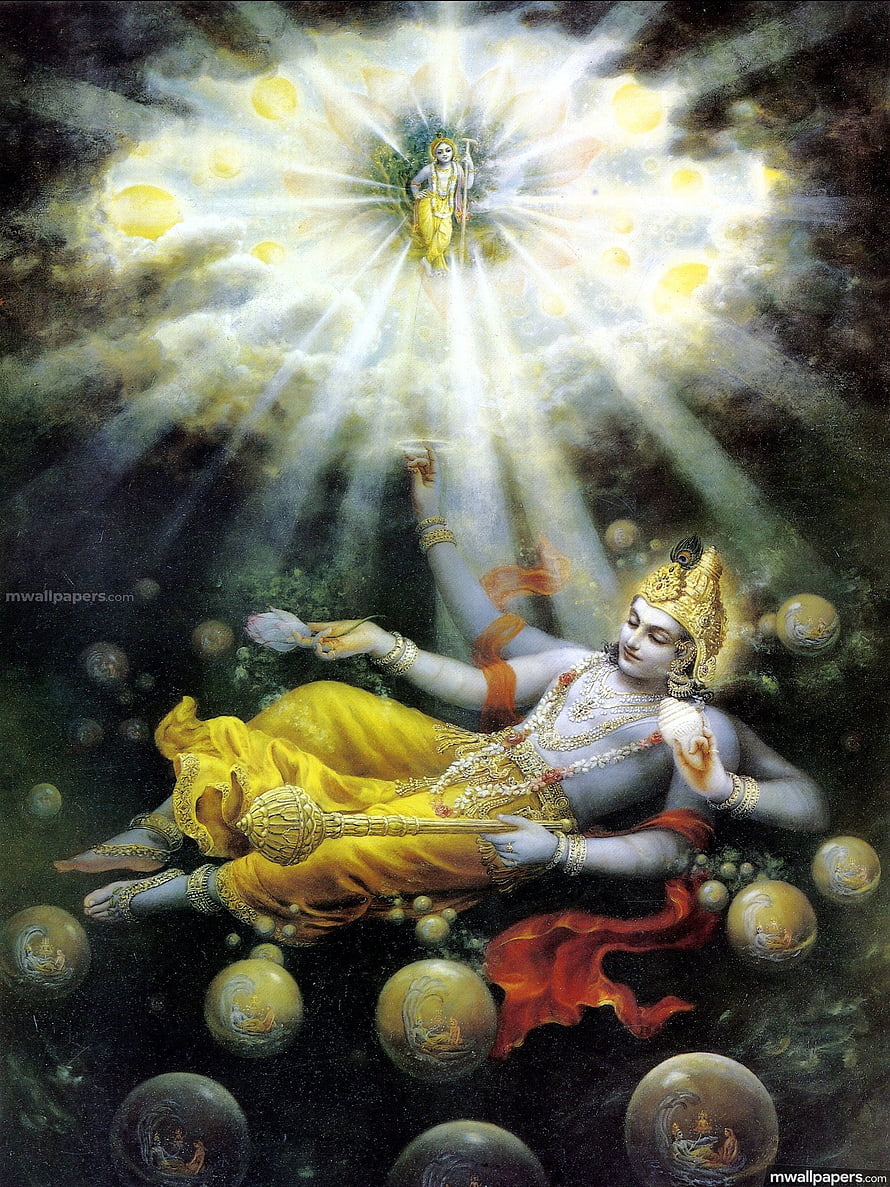 Vishnu Sleeping on Sheshanaga in Cosmic Ocean with Brahma Emerging from Lotus HD phone wallpaper