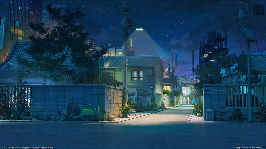 Quiet Japanese Residential Street at Night with Streetlamp and Scooter HD wallpaper