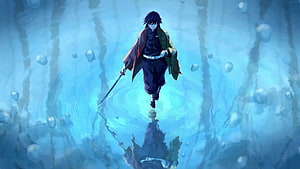 Giyu Tomioka Water Hashira Walking Through Ethereal Blue Water Surface HD wallpaper