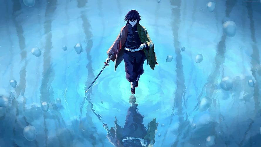 Giyu Tomioka Water Hashira Walking Through Ethereal Blue Water Surface HD wallpaper