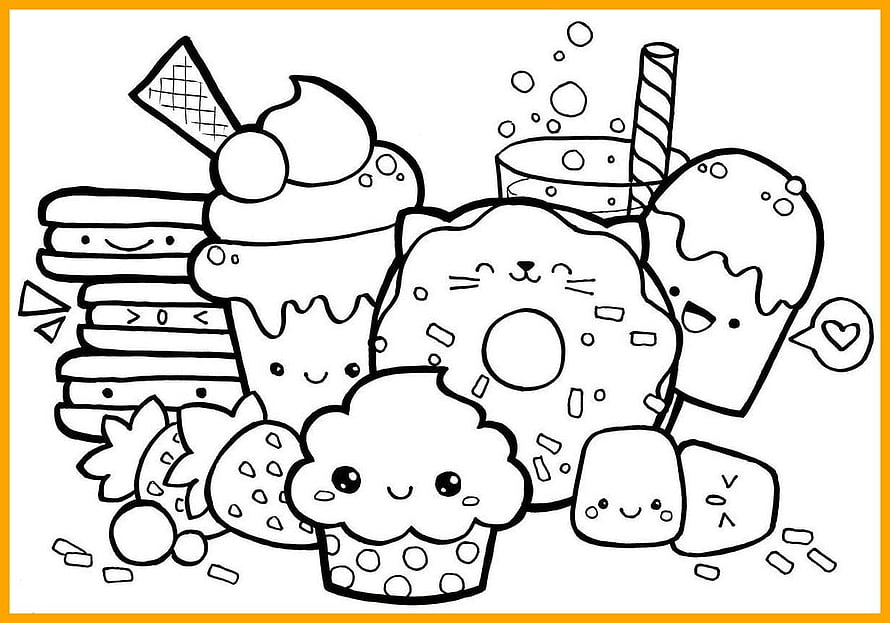 Kawaii Dessert Coloring Page Featuring Cute Cat Donut, Cupcake, and Ice Cream Treats HD wallpaper