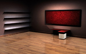 Modern minimalist home office with dark walls, wooden floor, and red abstract art HD wallpaper