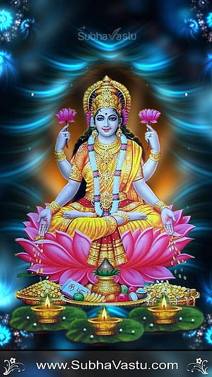 Goddess Lakshmi Sitting on Lotus with Gold Coins and Diyas HD phone wallpaper