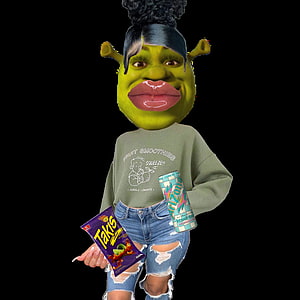 Shrek Meme Character with Big Lips, Takis, and Fruit Zone Drink HD phone wallpaper