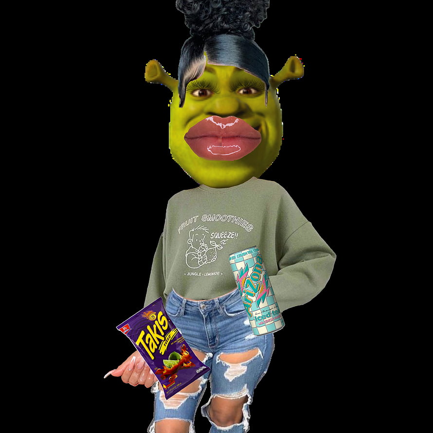 Shrek Meme Character with Big Lips, Takis, and Fruit Zone Drink HD phone wallpaper