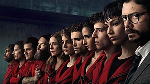 Money Heist Cast Ensemble in Iconic Red Jumpsuits and Masks HD wallpaper