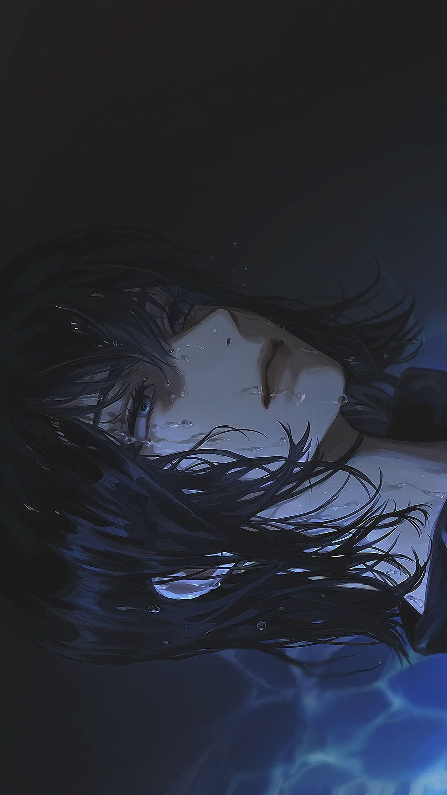 Han Sooyoung Anime Character Floating in Dark Water with Long Black Hair HD phone wallpaper