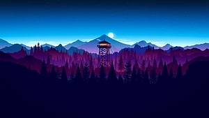 Nighttime Mountain Landscape With Glowing Fire Lookout Tower And Pine Forest HD wallpaper