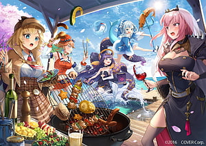 Hololive VTubers Enjoying a Summer BBQ on a Dock with Cherry Blossoms and Ocean View HD wallpaper