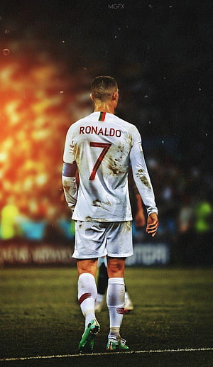 Cristiano Ronaldo Walking on the Pitch in White Portugal Kit with Number 7 Jersey HD phone wallpaper