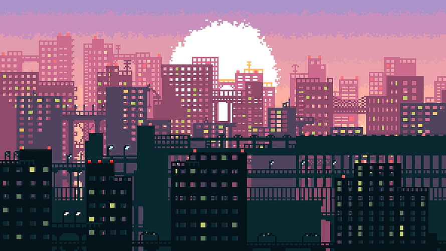 Pixel Art Cityscape at Sunset with Retro Aesthetic and Neon Skyline HD wallpaper