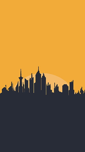 Minimalist City Skyline Silhouette Against Orange Sunset Background HD phone wallpaper