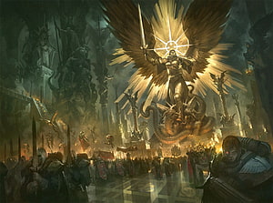 Warhammer 40,000 Adepta Sororitas: Radiant Angelic Statue in Gothic Cathedral HD wallpaper