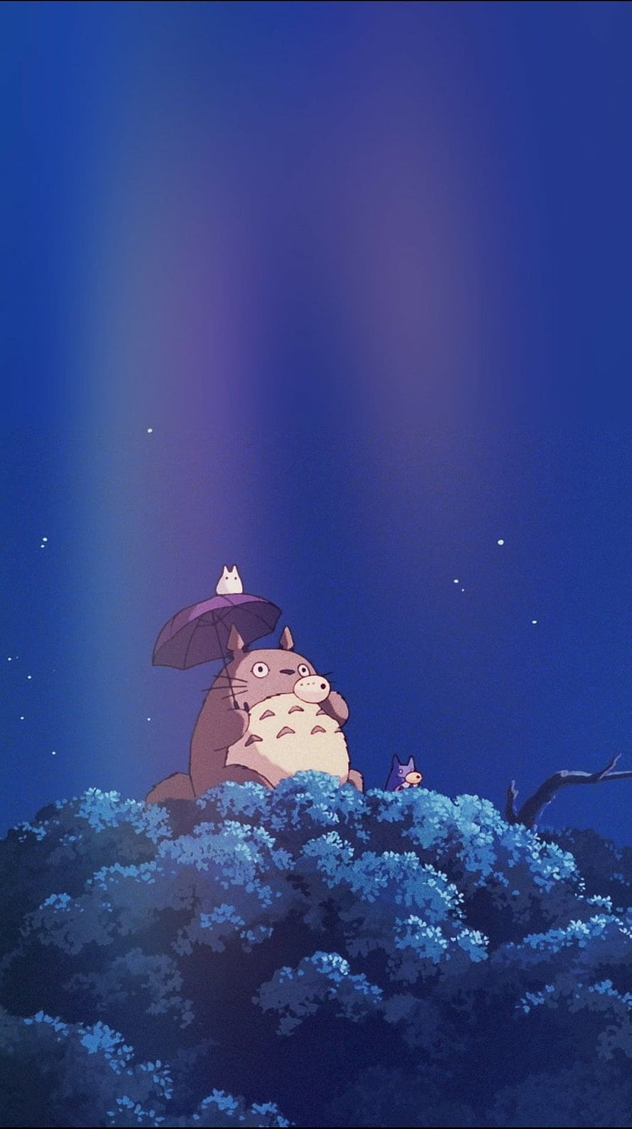 Totoro Sitting Under Umbrella in Blue Night Sky with Catbus and Chibi Cat HD phone wallpaper