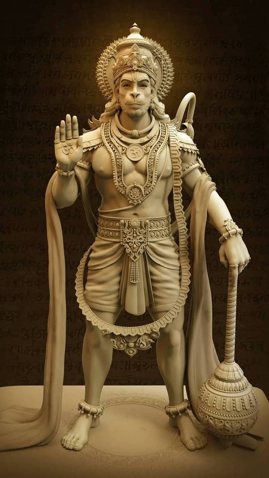 Detailed 3D Sculpture of Hindu Deity Hanuman Holding Mace, Shri Hanuman Ji, anjaneya HD phone wallpaper