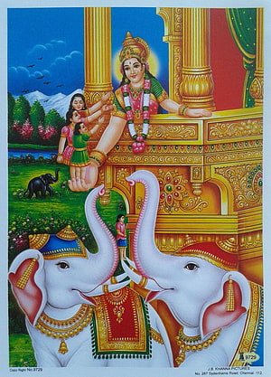 Hindu Goddess Seated on Palace Balcony with Decorated White Elephants HD phone wallpaper