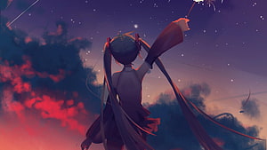 Anime Girl With Twin Tails Reaching For Fireworks Under A Starry Twilight Sky HD wallpaper