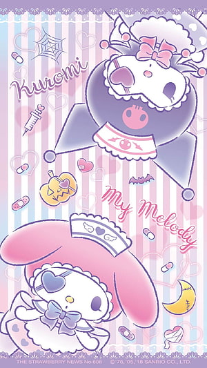 Cute Kuromi and My Melody Halloween Costume Illustration Wallpaper HD phone wallpaper