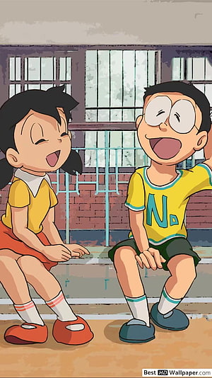 Nobita and Shizuka laughing together in anime style HD phone wallpaper