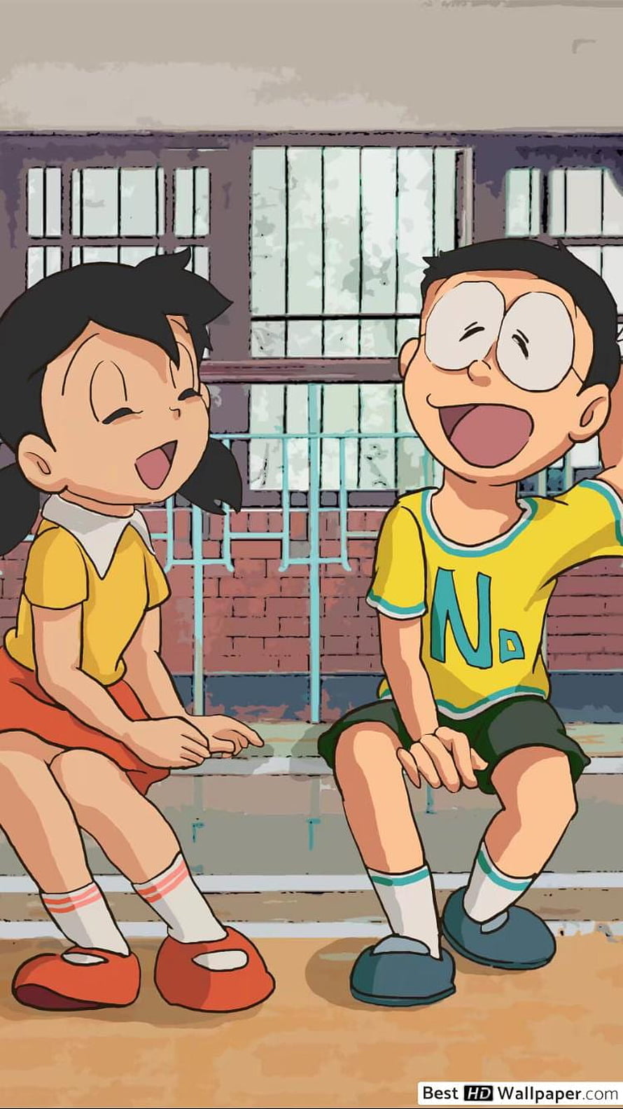 Nobita and Shizuka laughing together in anime style HD phone wallpaper