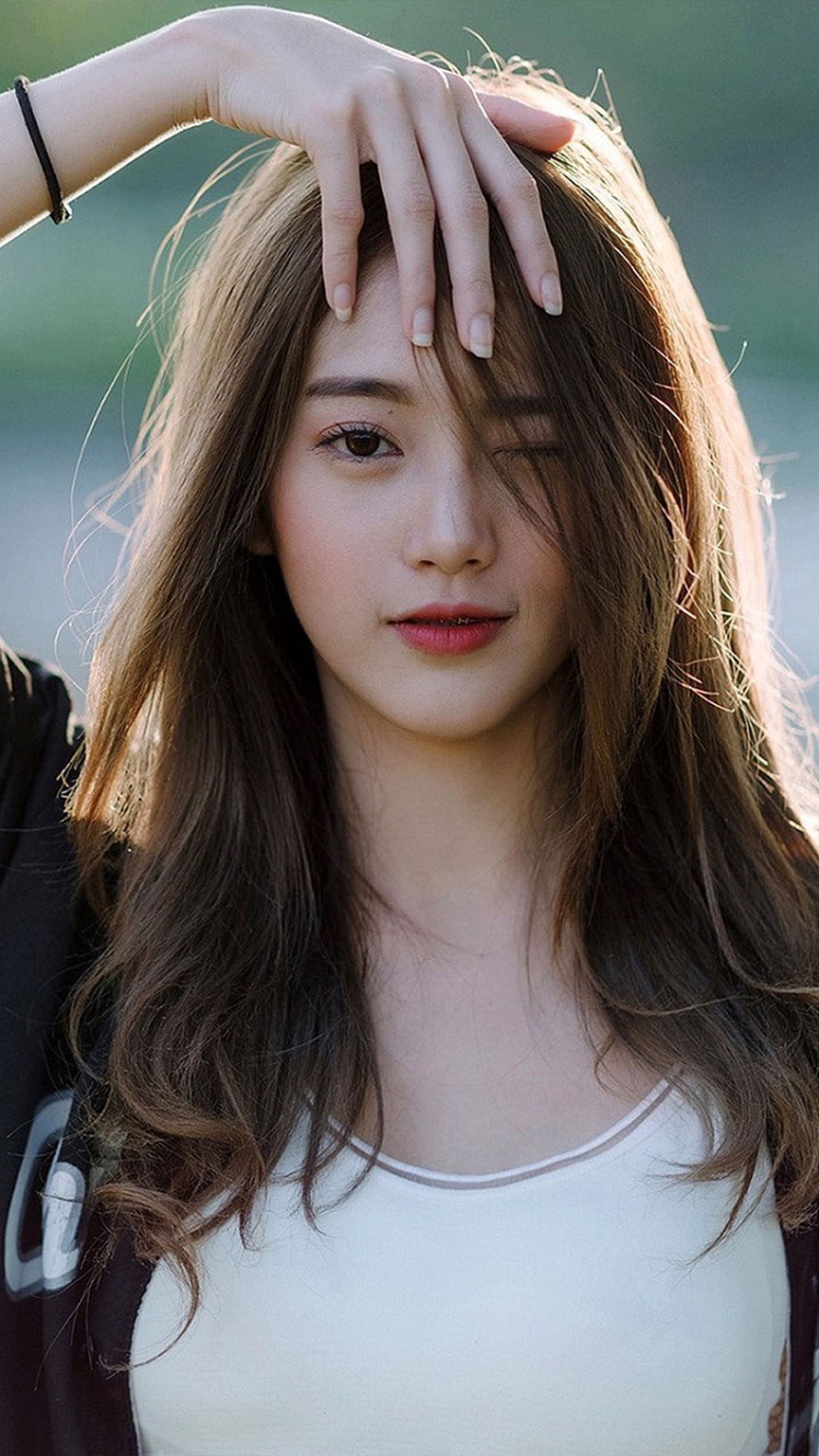 Young Woman With Long Wavy Hair Winking In Soft Natural Light, Awesome Cute Girl, beautiful japanese girl HD phone wallpaper