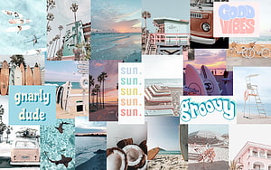 Retro Summer Beach Vibes Collage With Surfboards, Palm Trees, Vintage Van, and Groovy Typography HD wallpaper