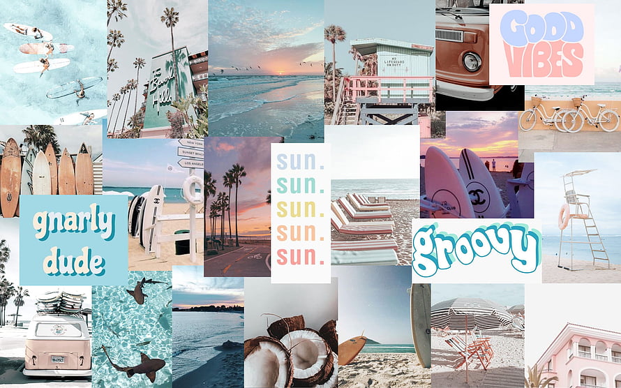 Retro Summer Beach Vibes Collage With Surfboards, Palm Trees, Vintage Van, and Groovy Typography HD wallpaper