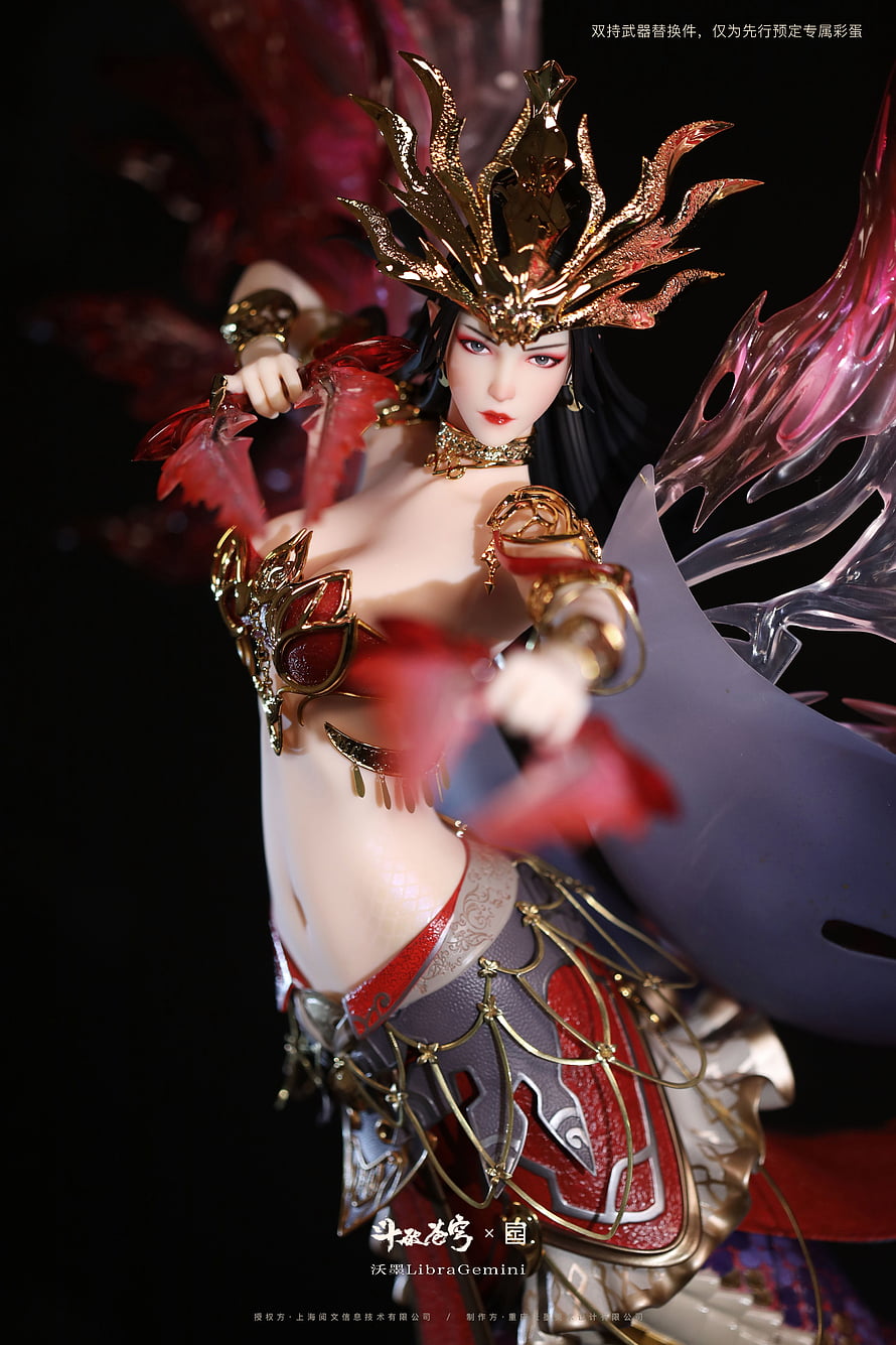 Libra Gemini Battle Goddess Statue with Golden Crown and Red Armor HD phone wallpaper