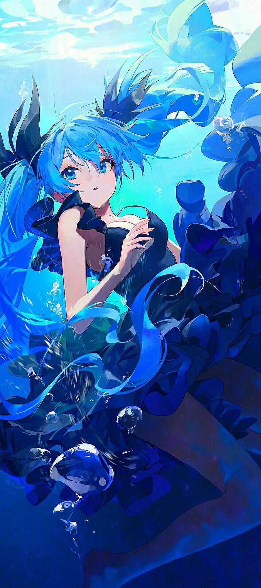 Hatsune Miku Underwater Portrait in Flowing Blue Dress with Bubbles and Light Rays HD phone wallpaper