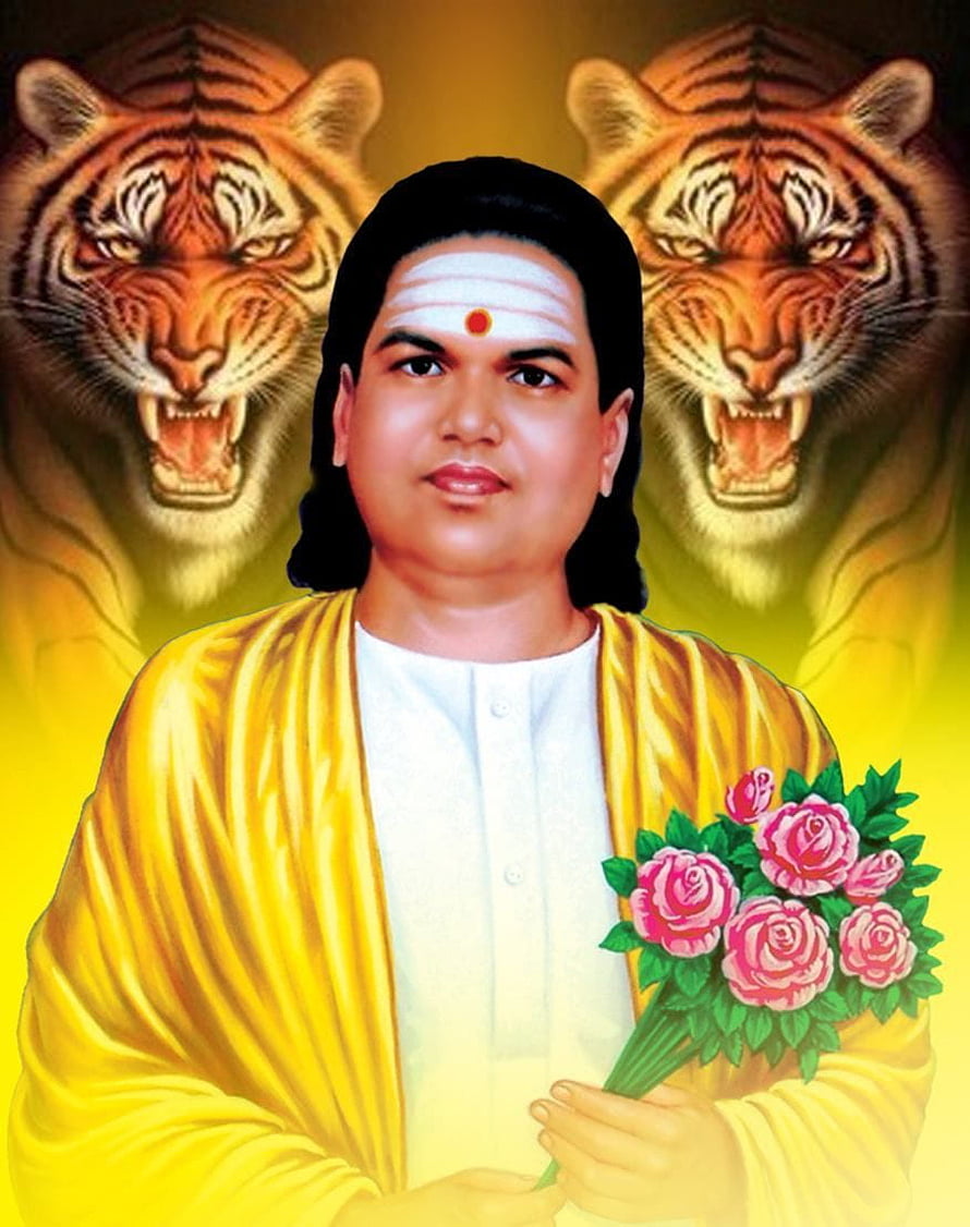 Portrait of Sai Baba holding pink roses with two roaring tigers in the background HD phone wallpaper