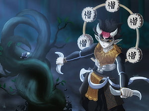 Hantengu Upper Moon Demon from Demon Slayer with Crescent Blades and Floating Talismans HD wallpaper