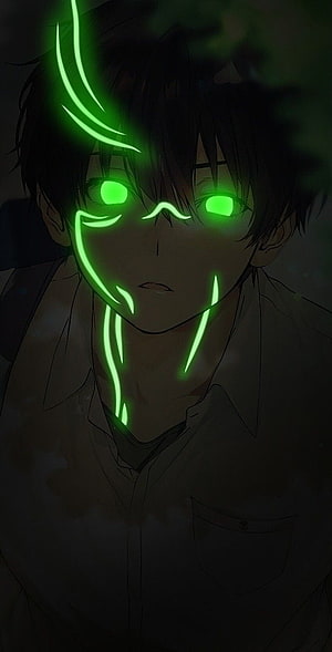 Houtaro Anime Character with Glowing Green Eyes and Neon Face Lines in Dark Setting HD phone wallpaper