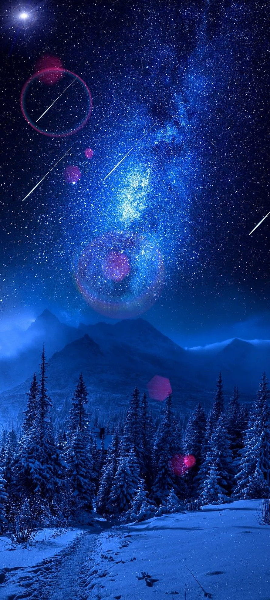 Starry Night Sky Over Snowy Pine Forest and Mountain Landscape HD phone wallpaper