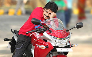 Pawan Kalyan Leaning on Red Honda CB Hornet 160R Motorcycle HD wallpaper