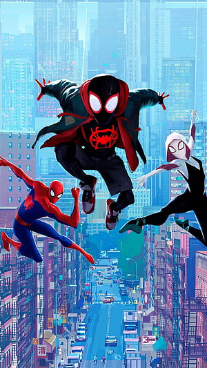 Miles Morales, Gwen Stacy, and Peter Parker swinging through a vibrant cityscape in Spider-Man Into the Spider-Verse, Spider Man Into The Spider Verse, miles and gwen HD phone wallpaper