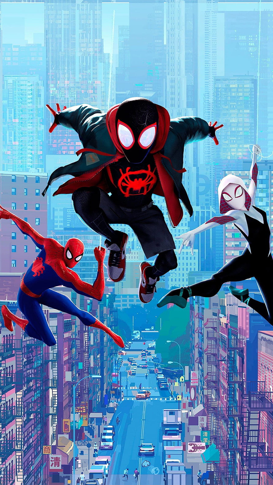 Miles Morales, Gwen Stacy, and Peter Parker swinging through a vibrant cityscape in Spider-Man Into the Spider-Verse, Spider Man Into The Spider Verse, miles and gwen HD phone wallpaper