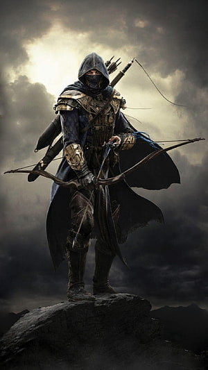 Assassin's Creed Ranger Archers in Dark Fantasy Armor Standing on Rocky Outcrop HD phone wallpaper