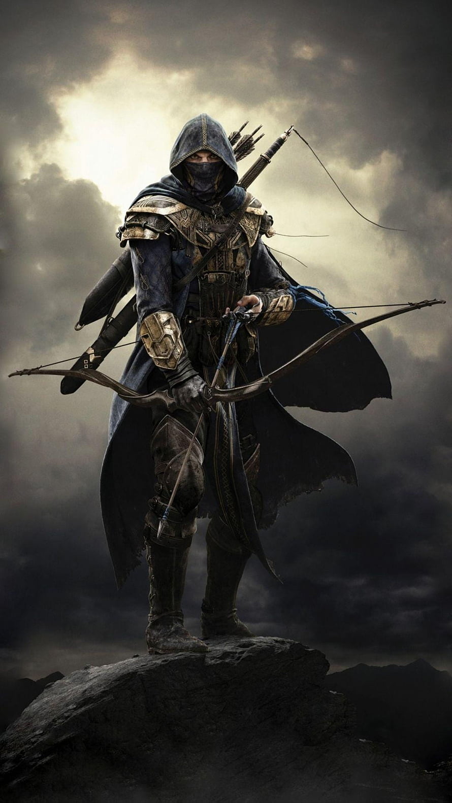Assassin's Creed Ranger Archers in Dark Fantasy Armor Standing on Rocky Outcrop HD phone wallpaper