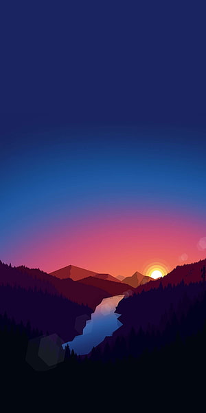 Minimalist Mountain Sunset Landscape with River and Forest Silhouette HD phone wallpaper