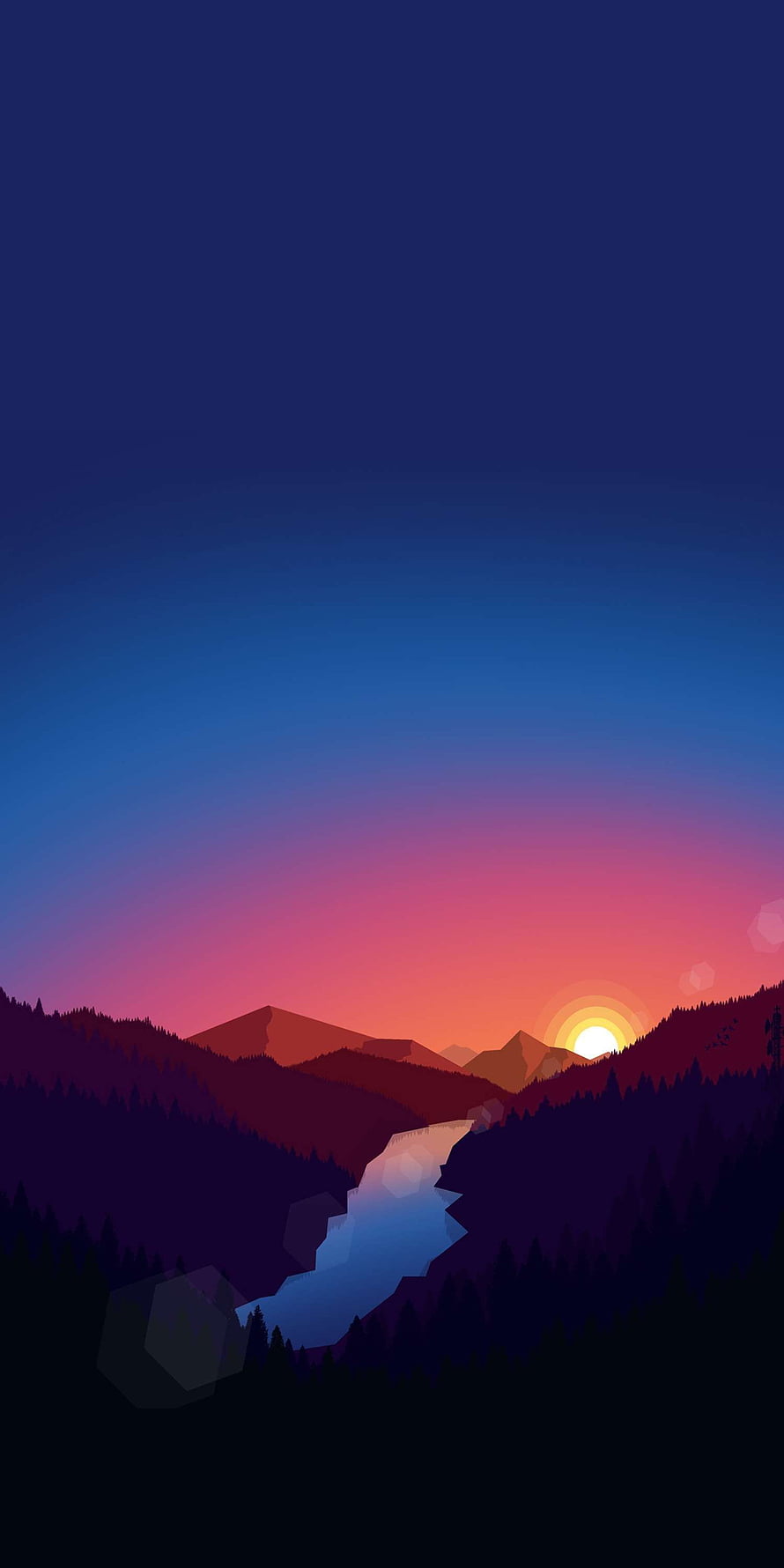 Minimalist Mountain Sunset Landscape with River and Forest Silhouette HD phone wallpaper