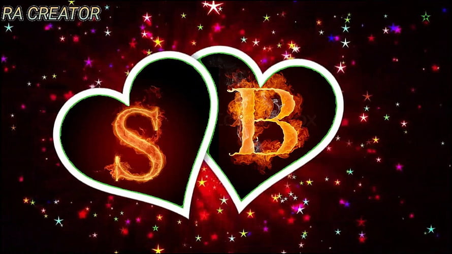 Flaming S and B Letters in Interlocking Hearts on Sparkling Dark Background HD wallpaper